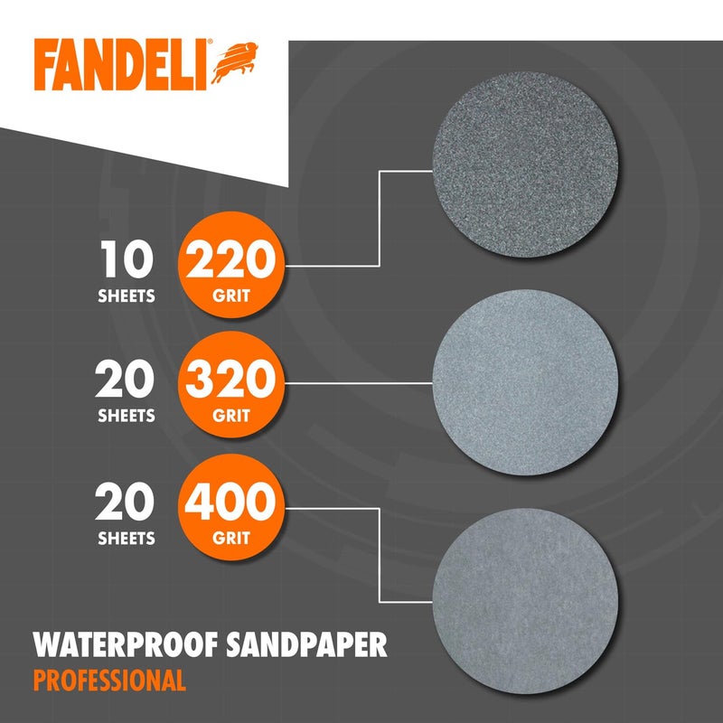 Fandeli | Waterproof Sandpaper | Assorted Grits (220, 320, 400) | 50 Sheets of 23 x 28 cm | Waterproof Car Sandpaper | Sanding Paint | Sanding Varnish - Image 2